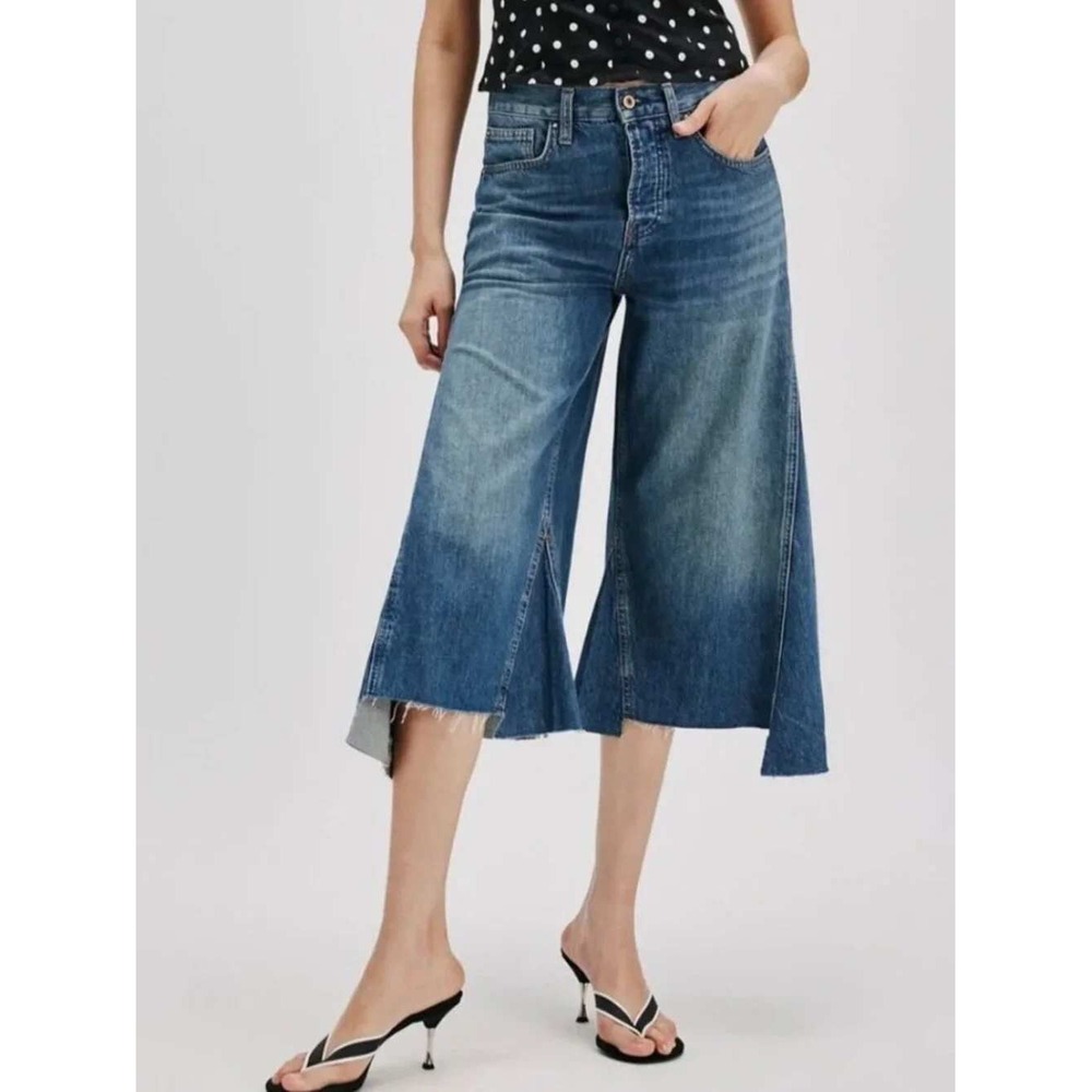 We the Free People Ripple Wide Leg Crop Jeans Culotte Blue Denim Raw Hem NWOT 29